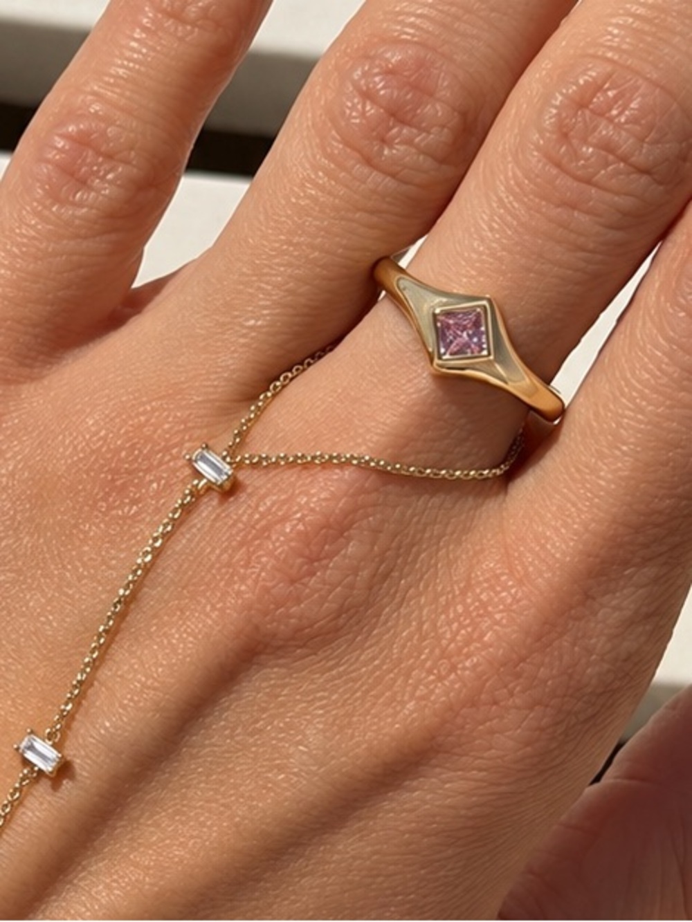 Gold Tone Rhodium Plated Pink Princess Cut Solitaire Ring Square Stone Statement